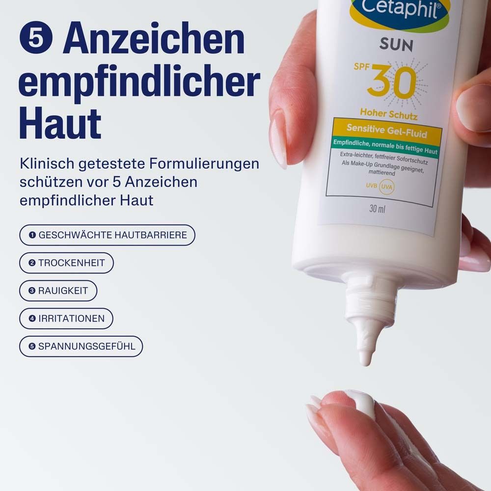 Produkt und Text. Aufschrift: Cetaphil SUN, SPF 30, 30 ml. Text: 5 Anzeichen empfindlicher Haut.