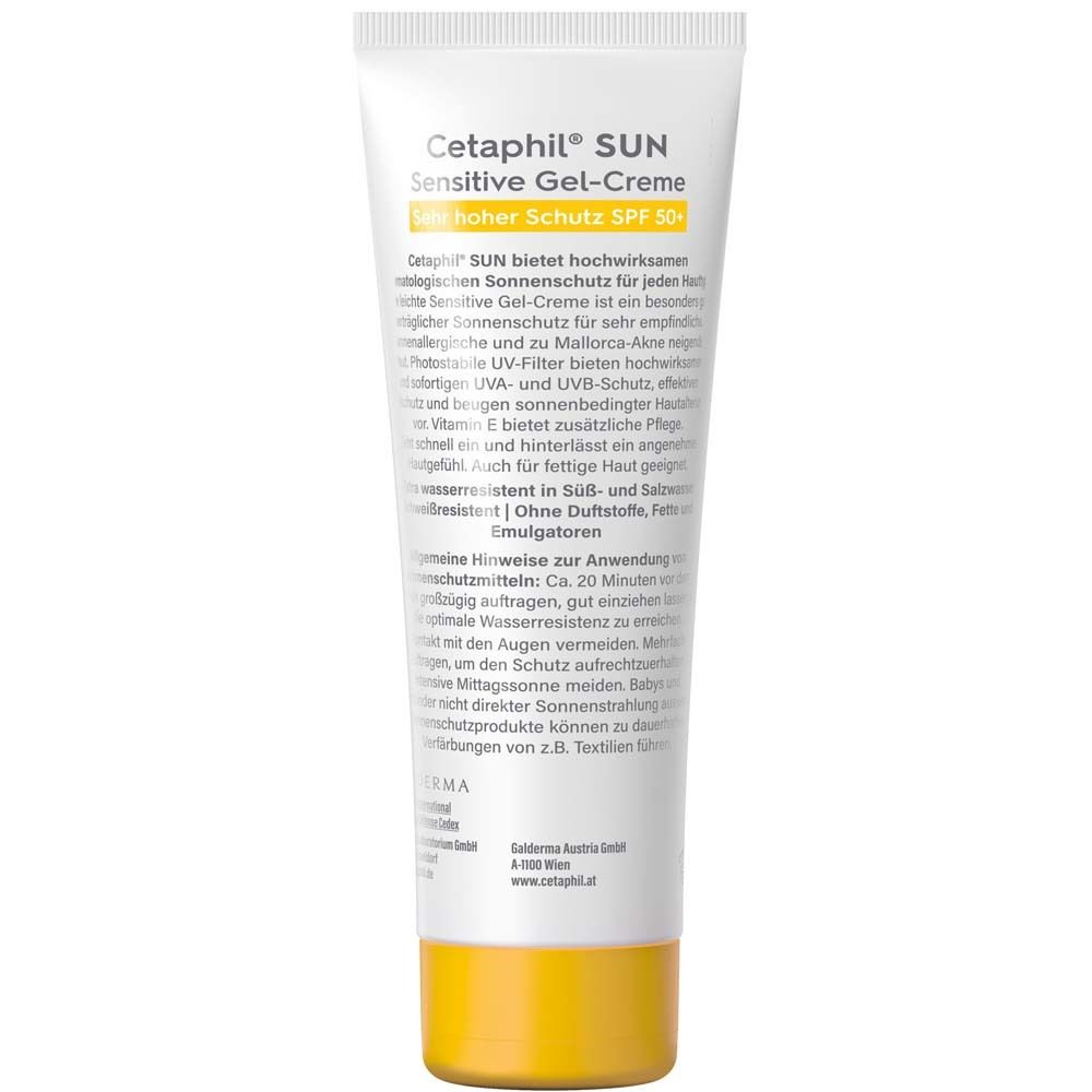 Dos du tube de Cetaphil SUN Sensitive Gel-Crème SPF 50+. Texte et ingrédients.