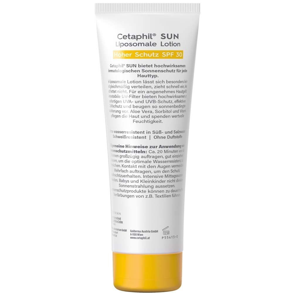 Dos du tube CETAPHIL SUN Liposomale Lotion SPF 30. Texte et ingrédients.