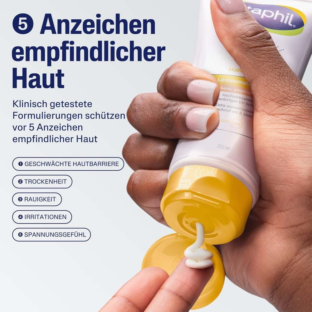 Person drückt Creme aus Tube. Text: 5 Anzeichen empfindlicher Haut. Formulierungen schützen vor 5 Anzeichen.