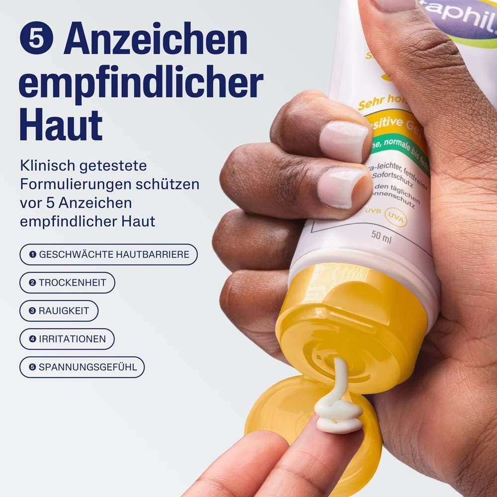Gel-Fluid wird auf Finger aufgetragen. Text: 5 Anzeichen empfindlicher Haut. Klinisch getestete Formulierungen.