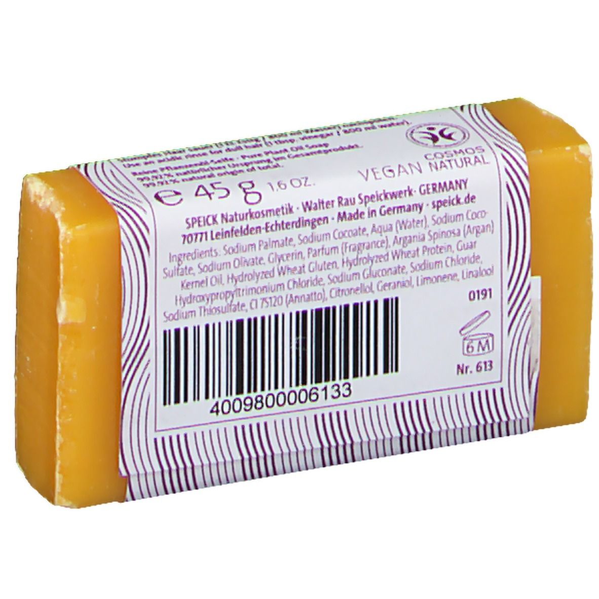 Dos du savon pour cheveux Speick à l'huile végétale, avec ingrédients et code-barres.
