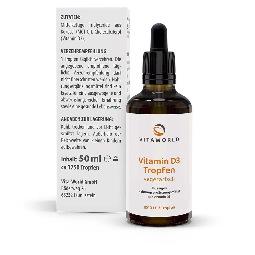 Weiße Verpackung mit Vitamin D3 Tropfen. Text: Zutaten, Verzehrempfehlung, Angaben zur Lagerung, 50 ml.