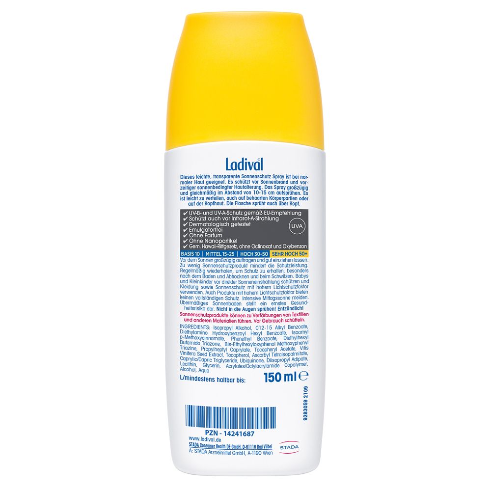 Dos de la bouteille de Ladival® Aktiv Spray Sonnenschutz LSF50+. Texte et ingrédients. 150 ml.