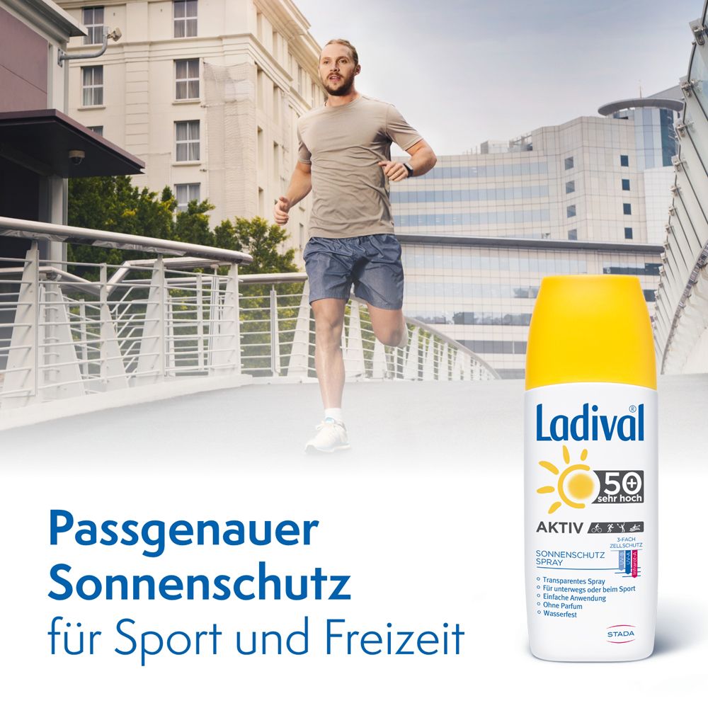 Homme courant sur un pont. Ladival® Aktiv Spray Sonnenschutz LSF50+ à côté. Texte: Protection solaire adaptée au sport et aux loisirs.