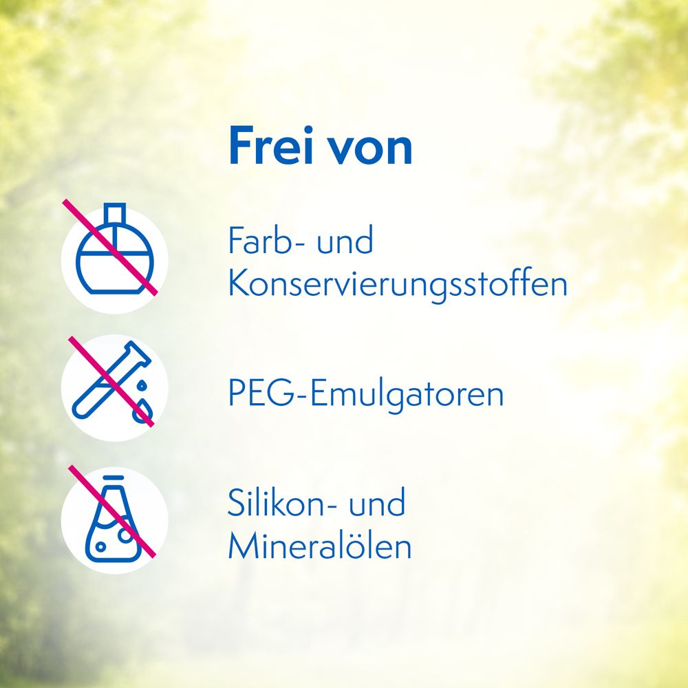 Graphique: Sans colorants ni conservateurs, émulsifiants PEG, huiles de silicone et minérales.