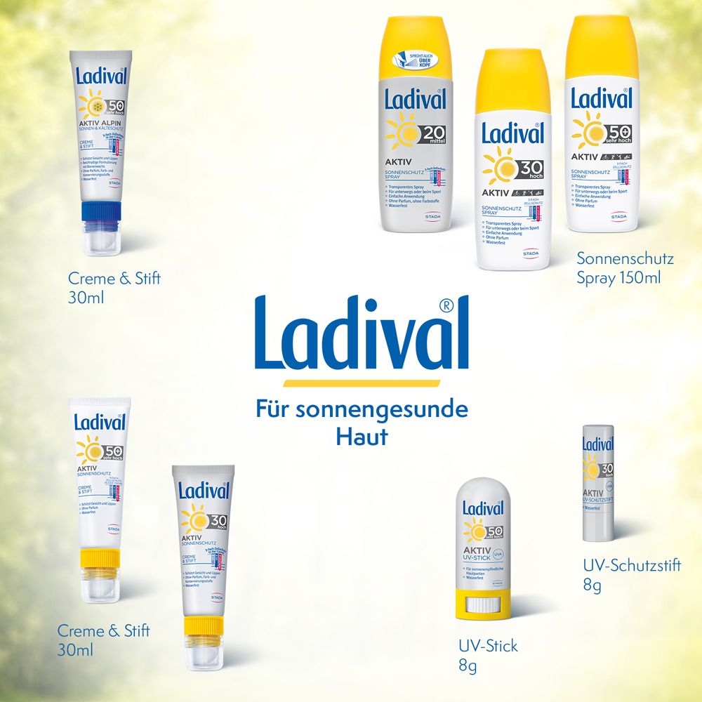 Différents produits Ladival®: Crèmes, bâtonnets et sprays. Pour une peau saine au soleil.