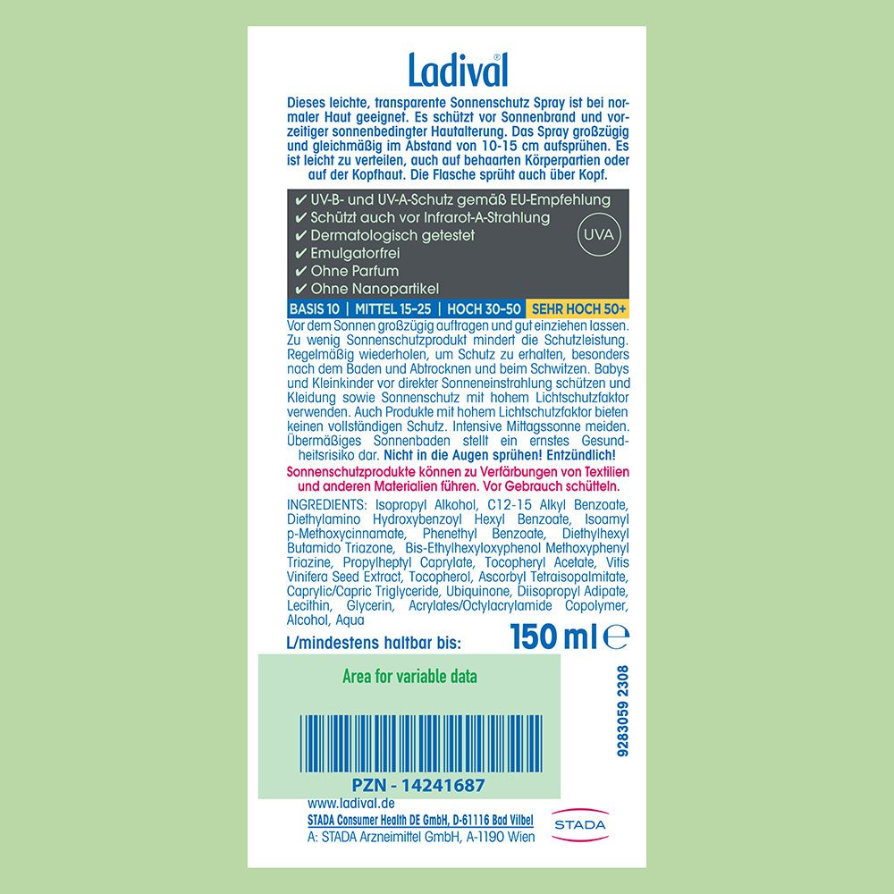 Dos de la bouteille Ladival® Aktiv Spray Sonnenschutz LSF50+. Texte et ingrédients. 150 ml.