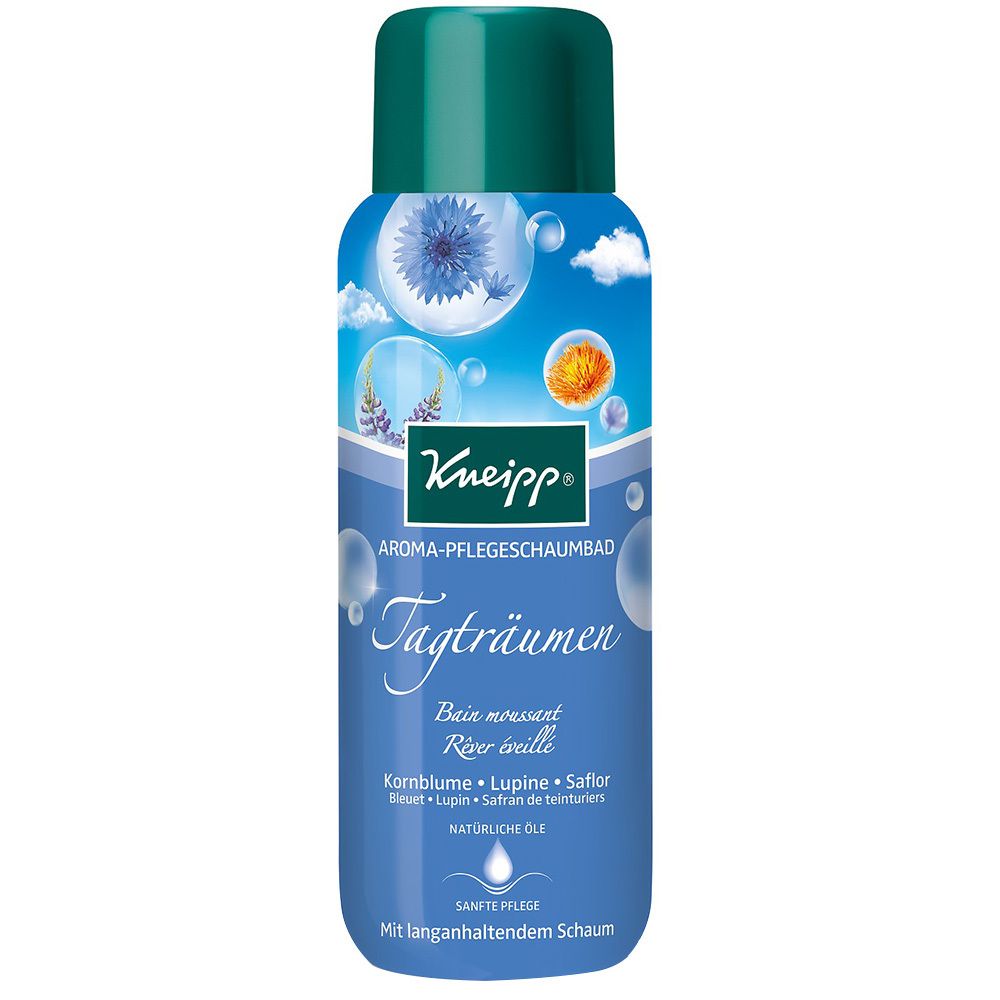 Blaue Flasche Kneipp® Aroma-Pflegeschaumbad Tagträumen. Mit Kornblume, Lupine, Saflor. Grüne Kappe. Sanfte Pflege.