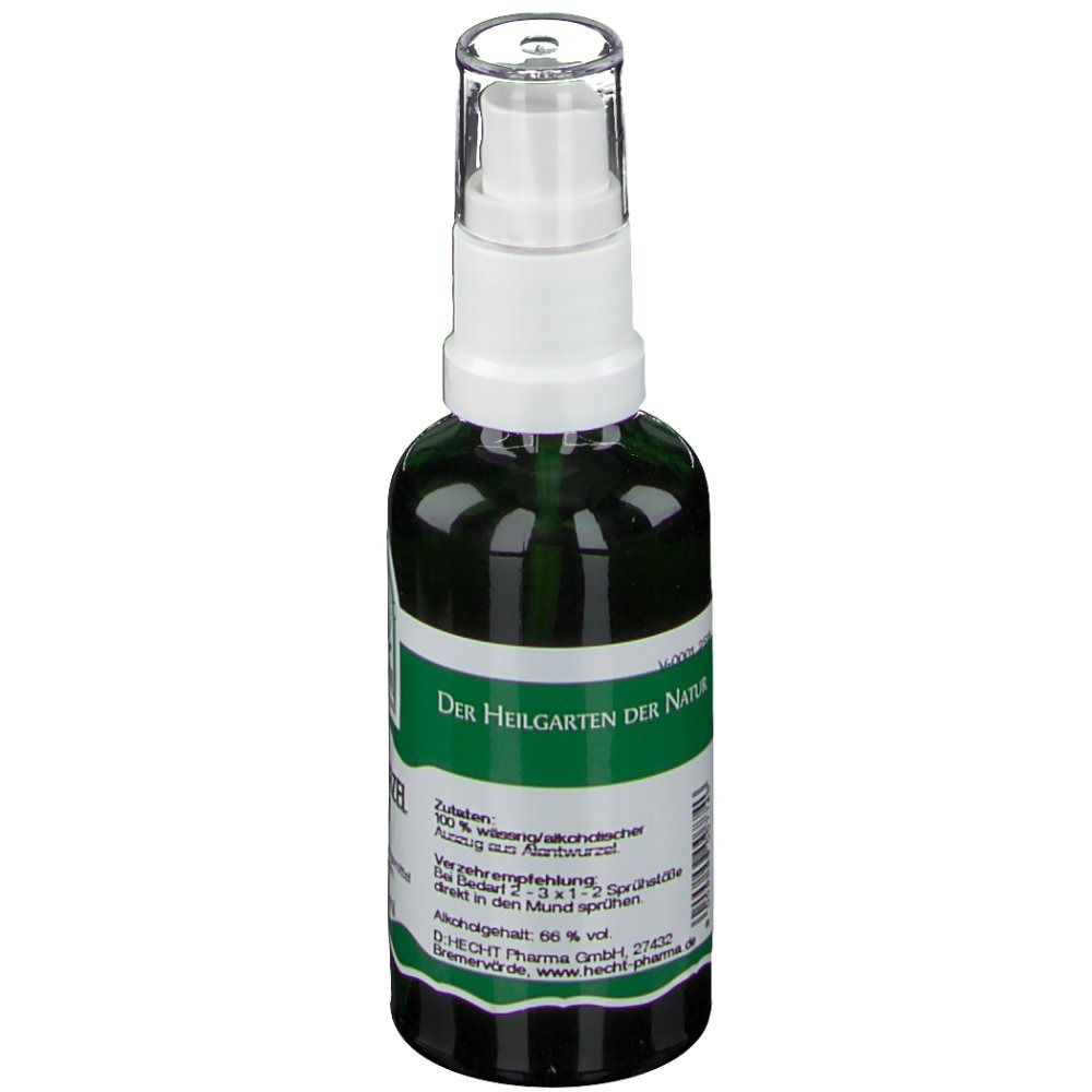 Flacon pulvérisateur vert avec tête blanche. Inscription: Der Heilgarten der Natur. Texte et logo.