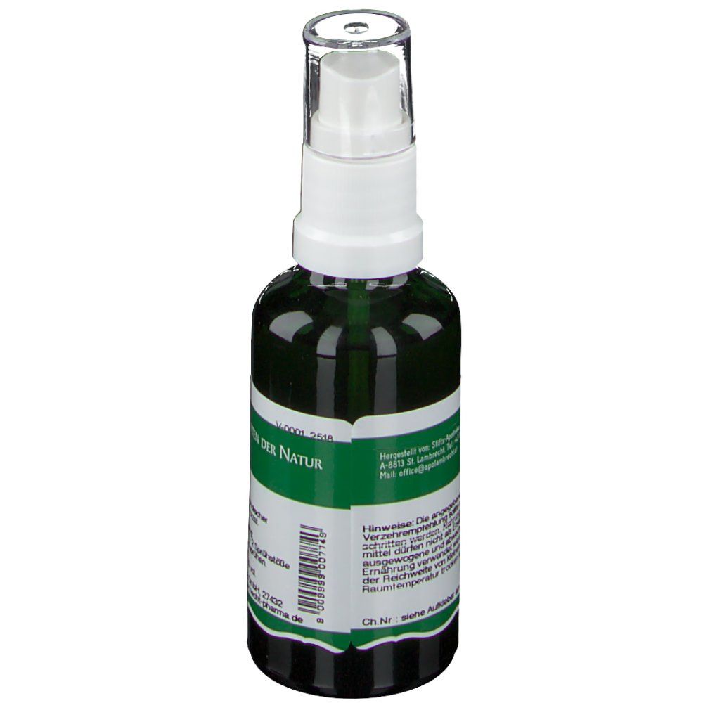 Flacon pulvérisateur vert avec tête blanche. Inscription: Der Heilgarten der Natur. Texte et logo.