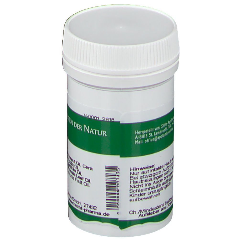 Pot blanc et vert avec couvercle. Inscription : Der Heilgarten der Natur, informations fabricant.