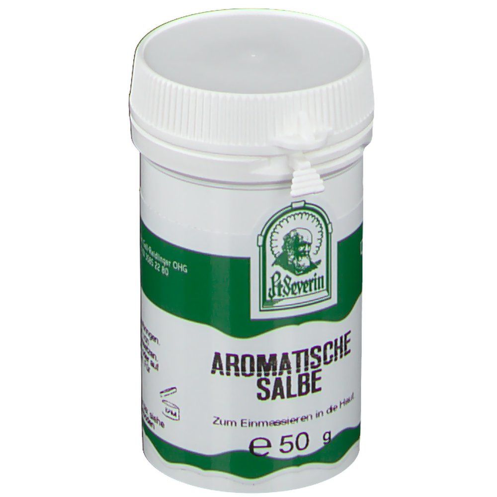 Pot blanc et vert avec couvercle. Inscription : Aromatische Salbe, logo St. Severin, 50 g.