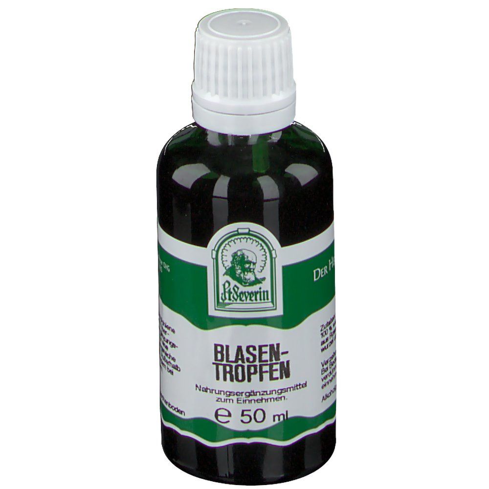 Grüne Glasflasche mit weißem Deckel. Etikett mit Produktnamen und Logo. Enthält 50 ml.