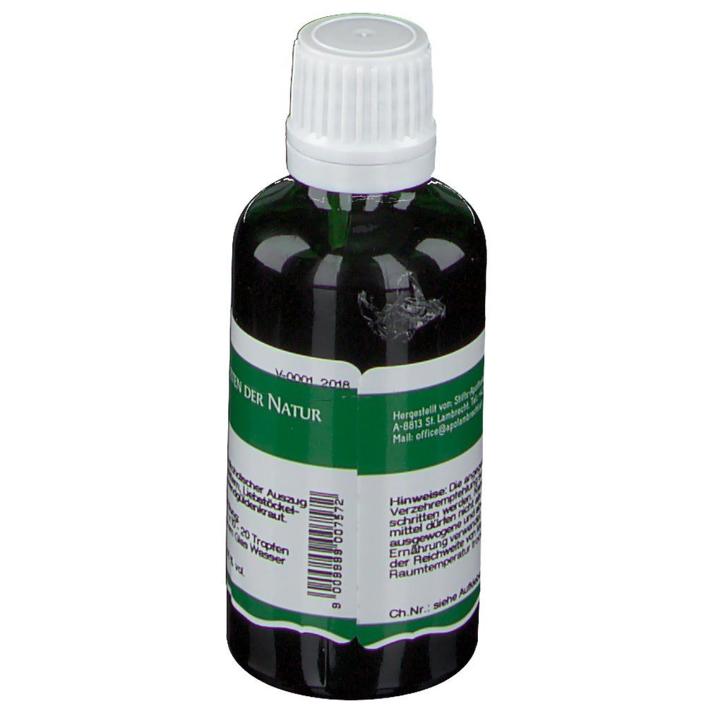 Grüne Glasflasche mit weißem Deckel. Etikett mit Herstellerinformationen und Chargennummer.