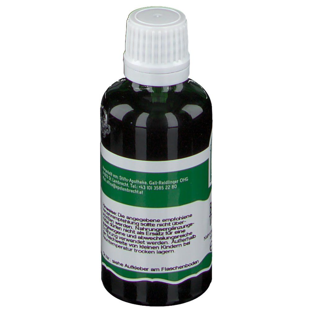 Grüne Glasflasche mit weißem Deckel. Etikett mit Warnhinweisen und Lagerungshinweisen.