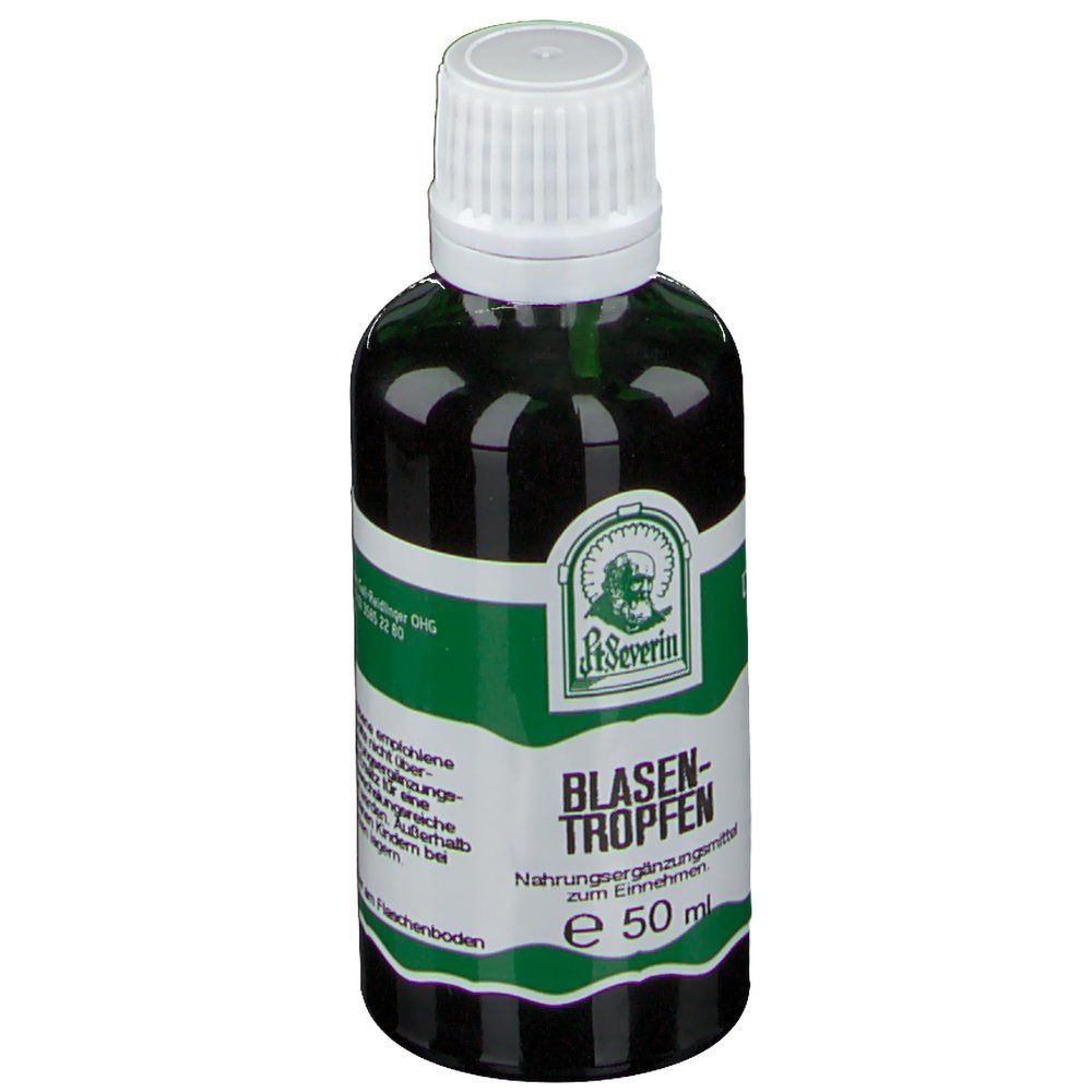 Grüne Glasflasche mit weißem Deckel. Etikett mit Produktnamen, Logo und Füllmenge: 50 ml.