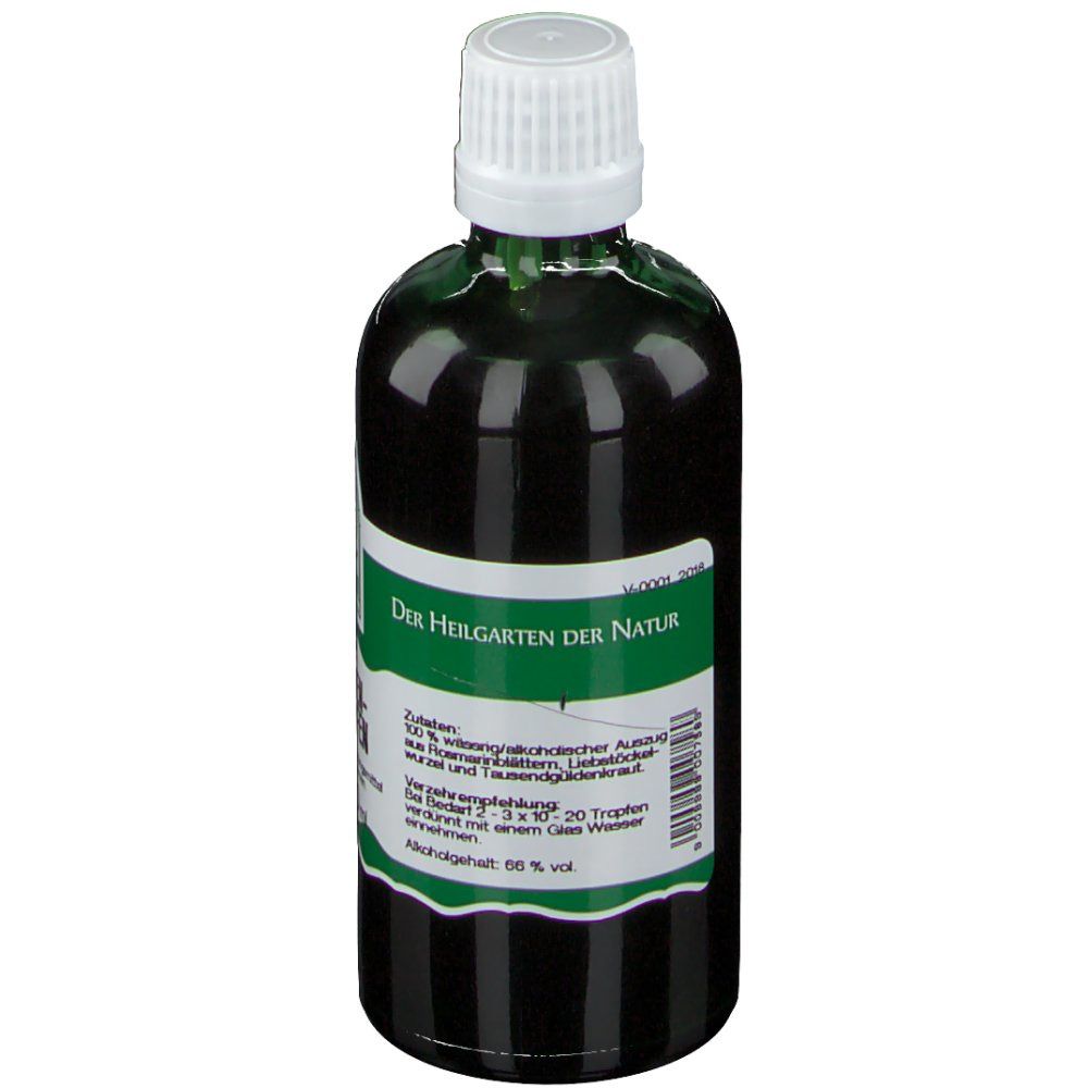 Grüne Glasflasche mit weißem Verschluss. Etikett mit Zutaten und Anwendungshinweisen.