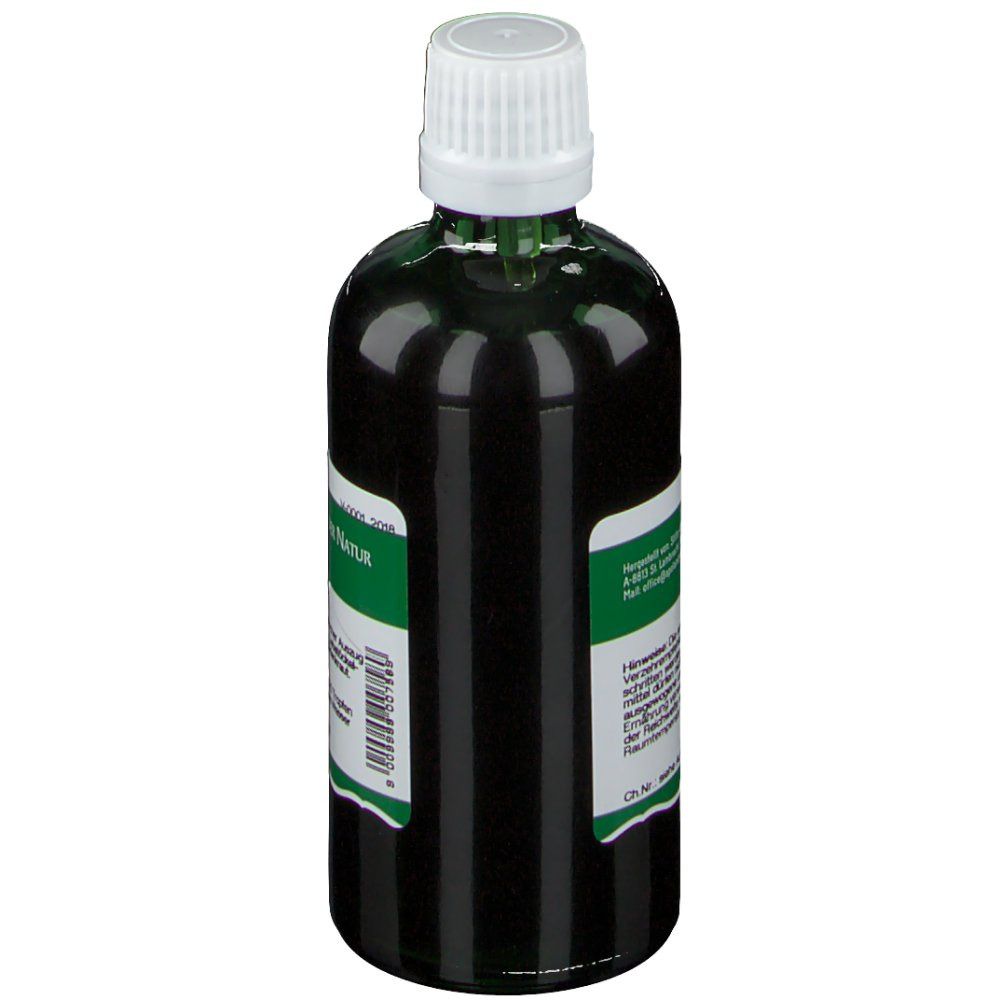 Grüne Glasflasche mit weißem Verschluss. Rückansicht mit Etikett und Text.