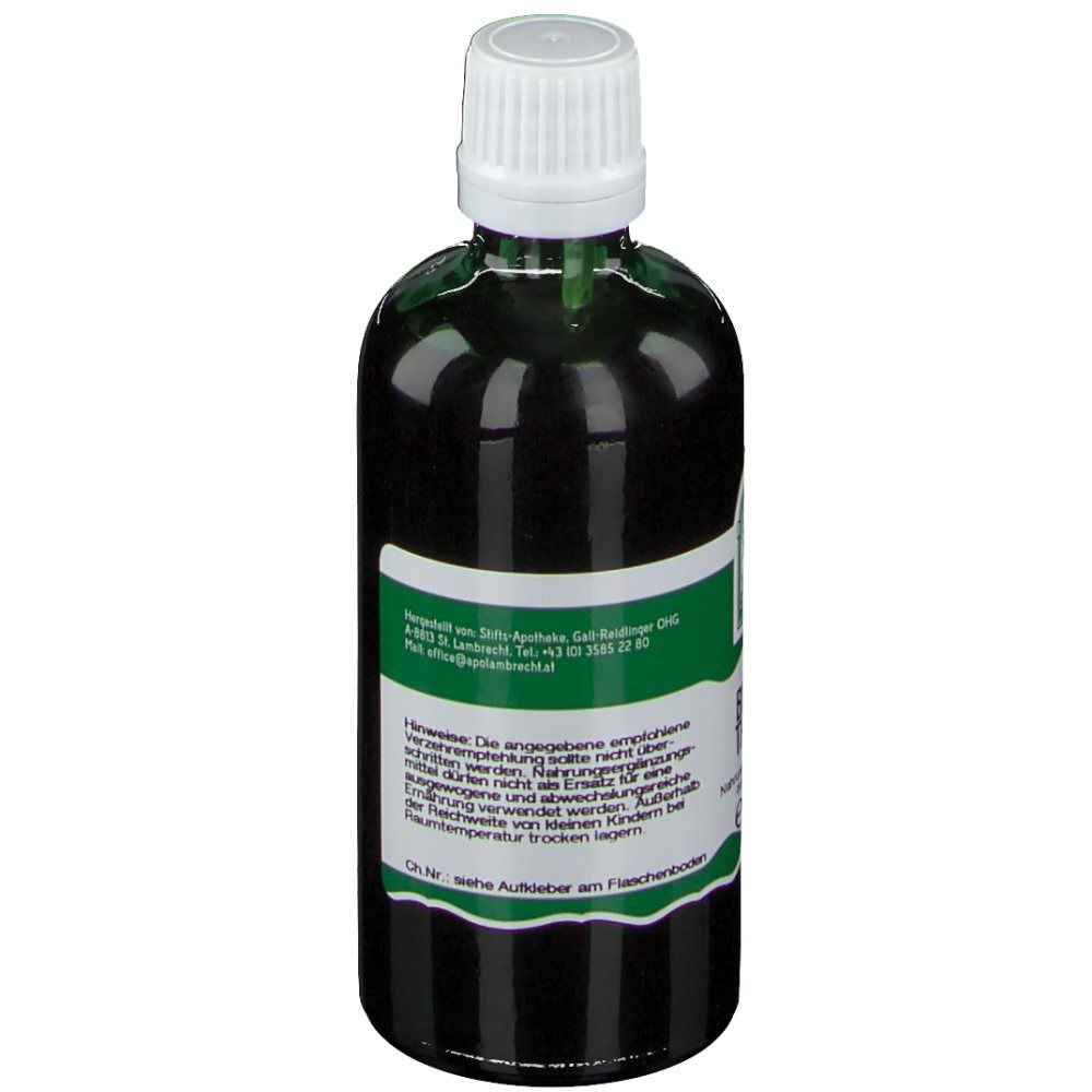 Grüne Glasflasche mit weißem Verschluss. Etikett mit Hinweisen und Herstellerinformationen.
