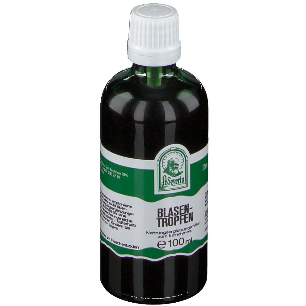 Grüne Glasflasche mit weißem Verschluss. Etikett mit Produktnamen, Logo und E100ml.