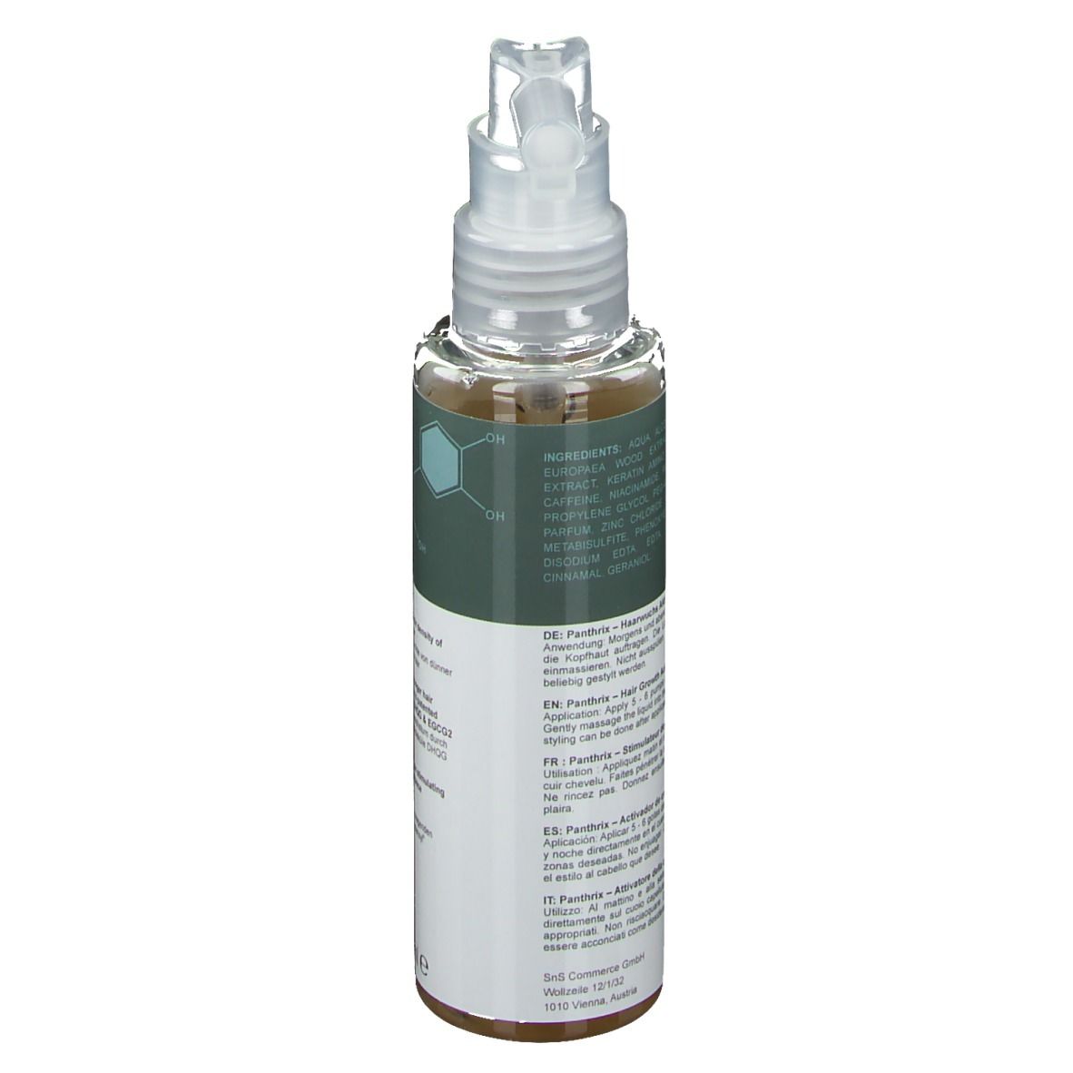 Flasche mit Pumpspender, klare Flüssigkeit, Etikett mit Inhaltsstoffen und Anwendungshinweisen.
