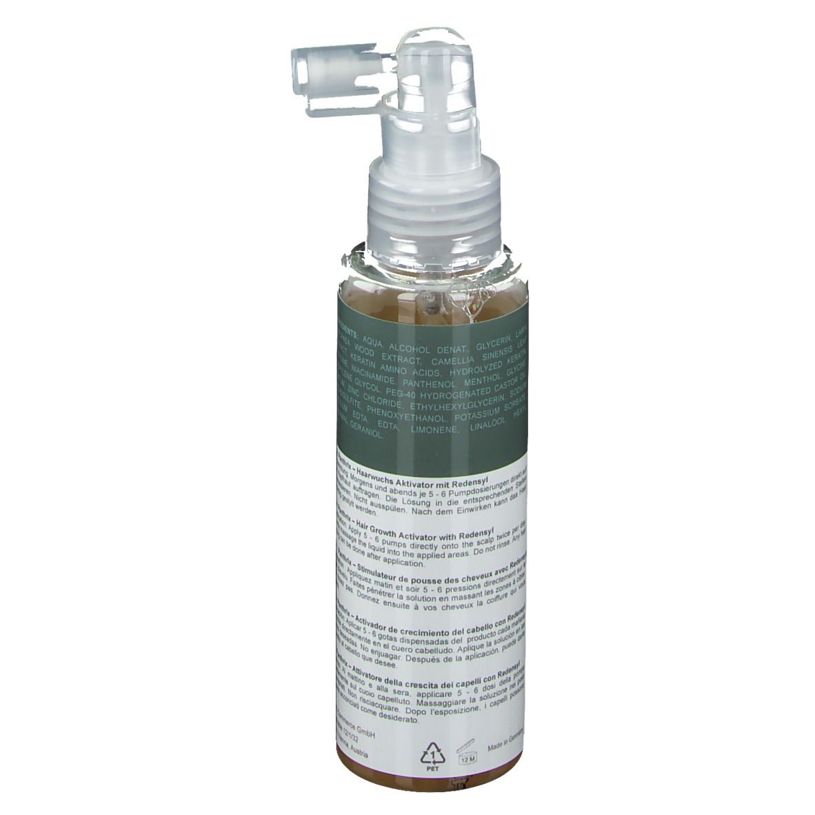 Flasche mit Applikator für Haarwachstumsaktivator. Enthält eine klare Flüssigkeit.