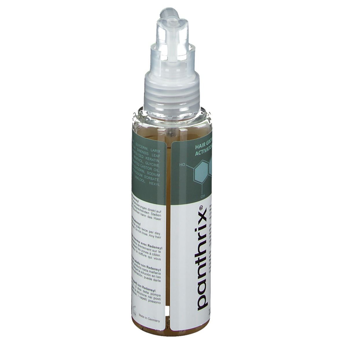 Flasche mit Pipettenaufsatz, enthält eine klare Flüssigkeit. Etikett zeigt "panthrix" und "HAIR GROWTH ACTIVATOR".