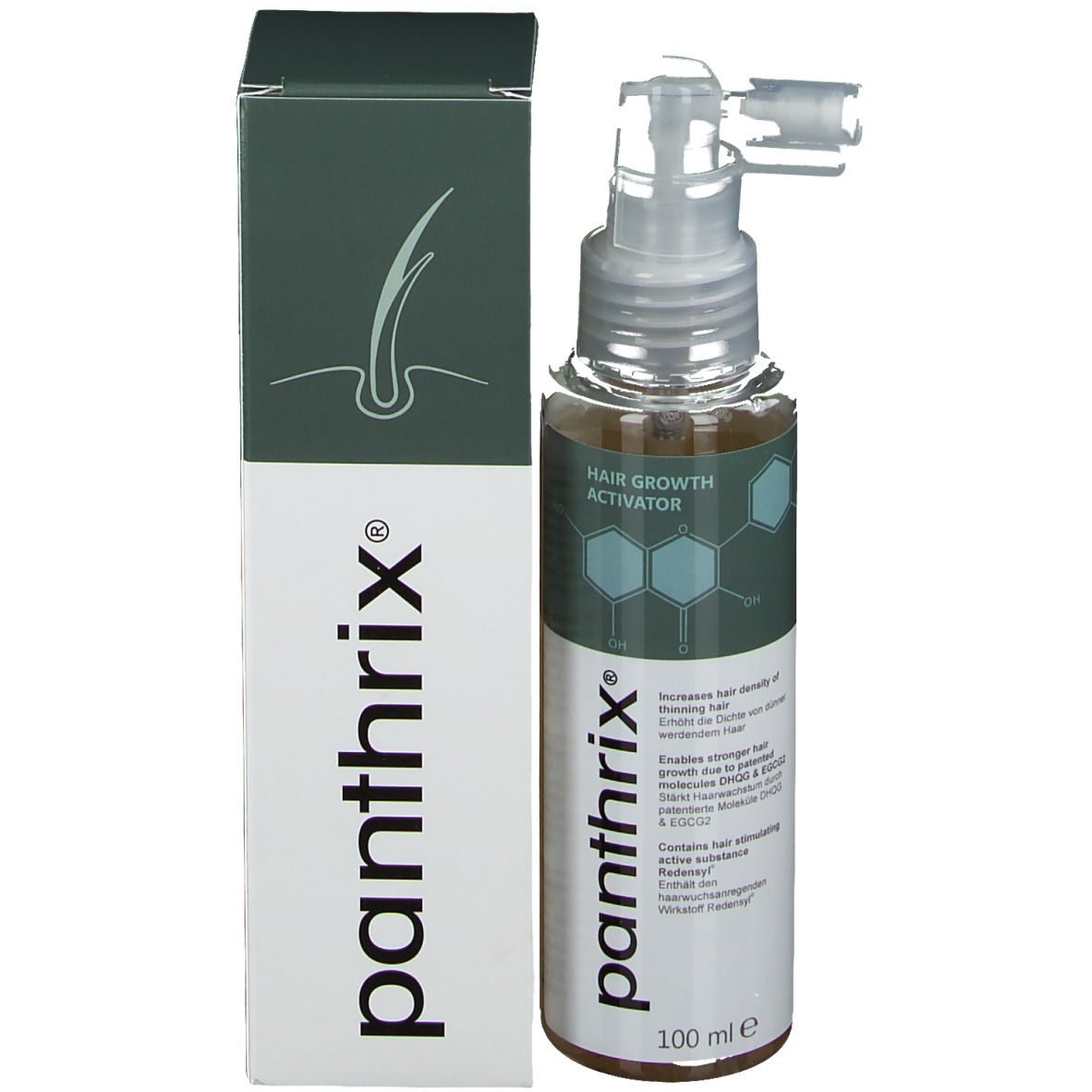 Panthrix Haarwachstumsaktivator Flasche mit Applikator und Umverpackung.