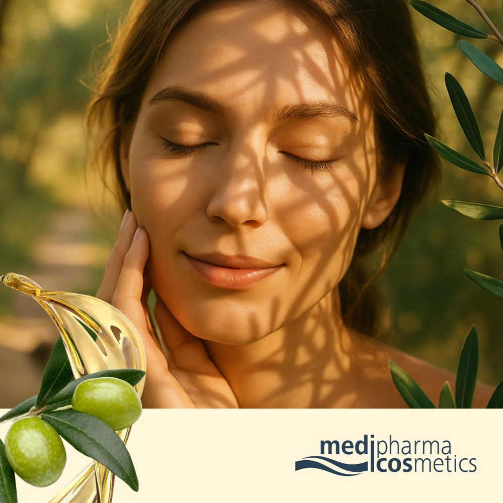 Frau mit geschlossenen Augen, Gesicht im Schatten von Olivenzweigen. Oliven und Ölflasche im Bild.