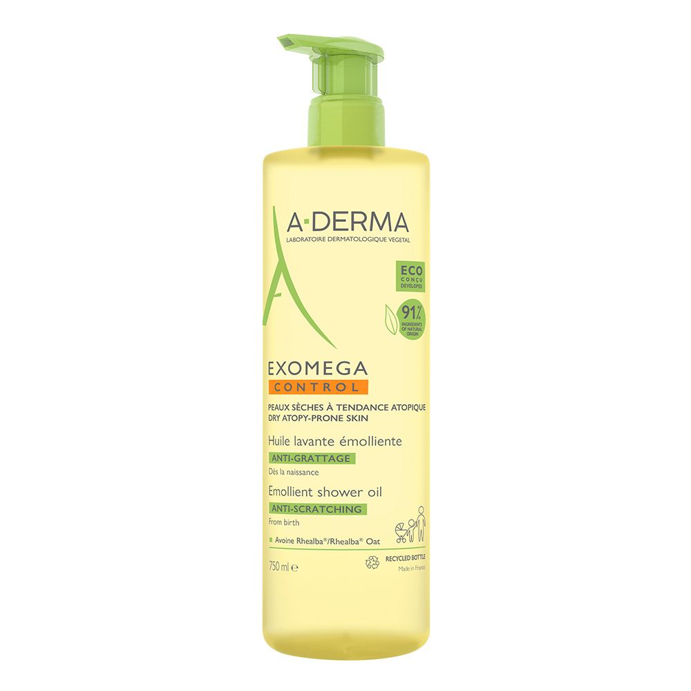 A-DERMA EXOMEGA CONTROL huile de douche. Flacon jaune avec pompe verte. Texte: EXOMEGA CONTROL, anti-grattage, 750ml.