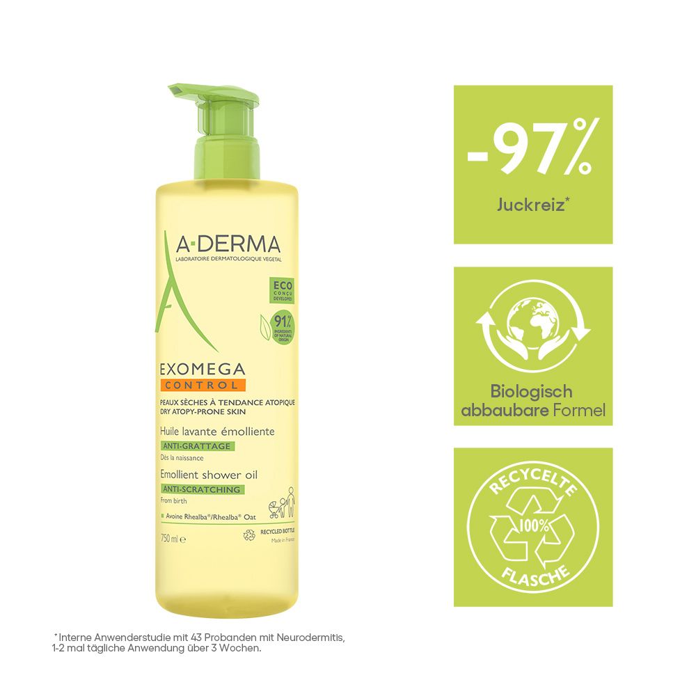 A-DERMA EXOMEGA CONTROL huile de douche. Flacon jaune avec pompe verte. Texte: EXOMEGA CONTROL, -97% démangeaisons, biodégradable.