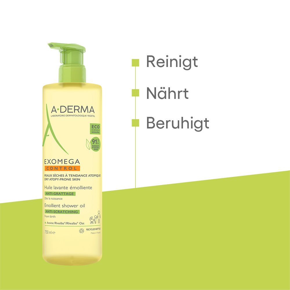 A-DERMA EXOMEGA CONTROL huile de douche. Flacon jaune avec pompe verte. Texte: Nettoie, nourrit, apaise.