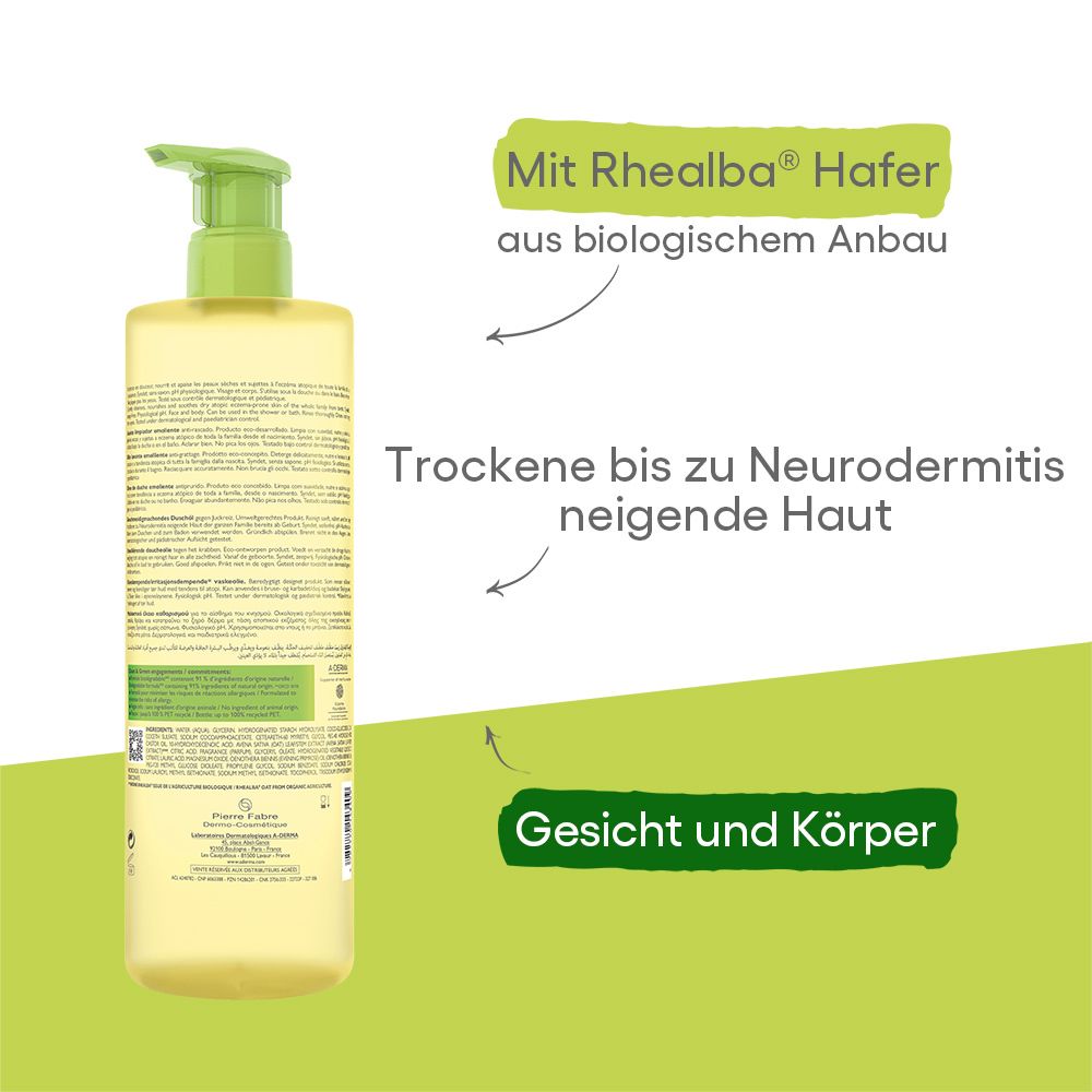 A-DERMA EXOMEGA CONTROL huile de douche. Flacon jaune. Texte: Avec Avoine Rhealba issue de l'agriculture biologique. Peaux sèches à tendance eczéma.