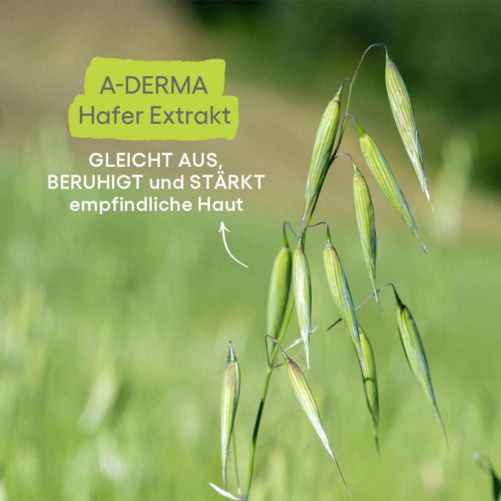 A-DERMA Extrait d'avoine. Épis sur fond vert. Texte: Équilibre, apaise et renforce les peaux sensibles.