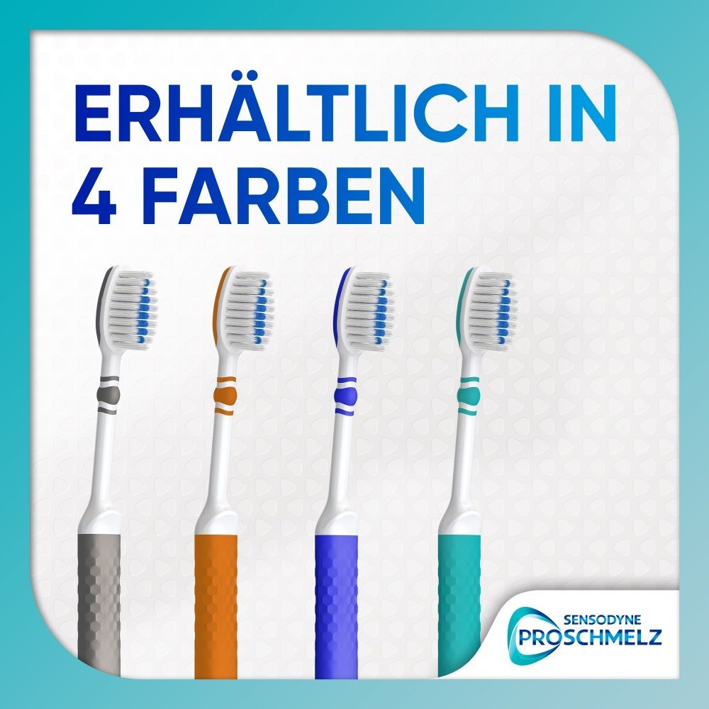 Vier Sensodyne ProSchmelz Zahnbürsten in Grau, Orange, Blau und Türkis. Erhältlich in 4 Farben.