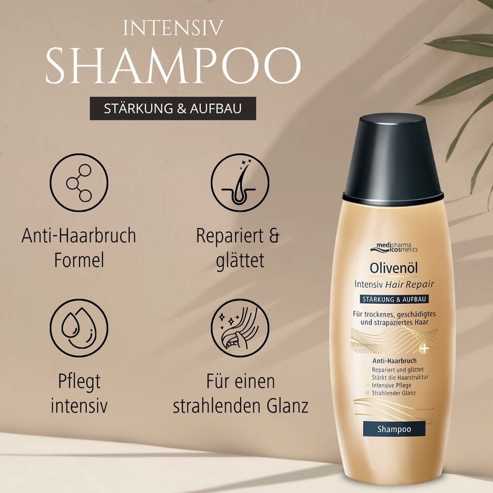 Flacon de shampooing avec icônes : anti-casse, répare & lisse, soin intensif, pour une brillance éclatante. Texte : Shampooing Intensif.