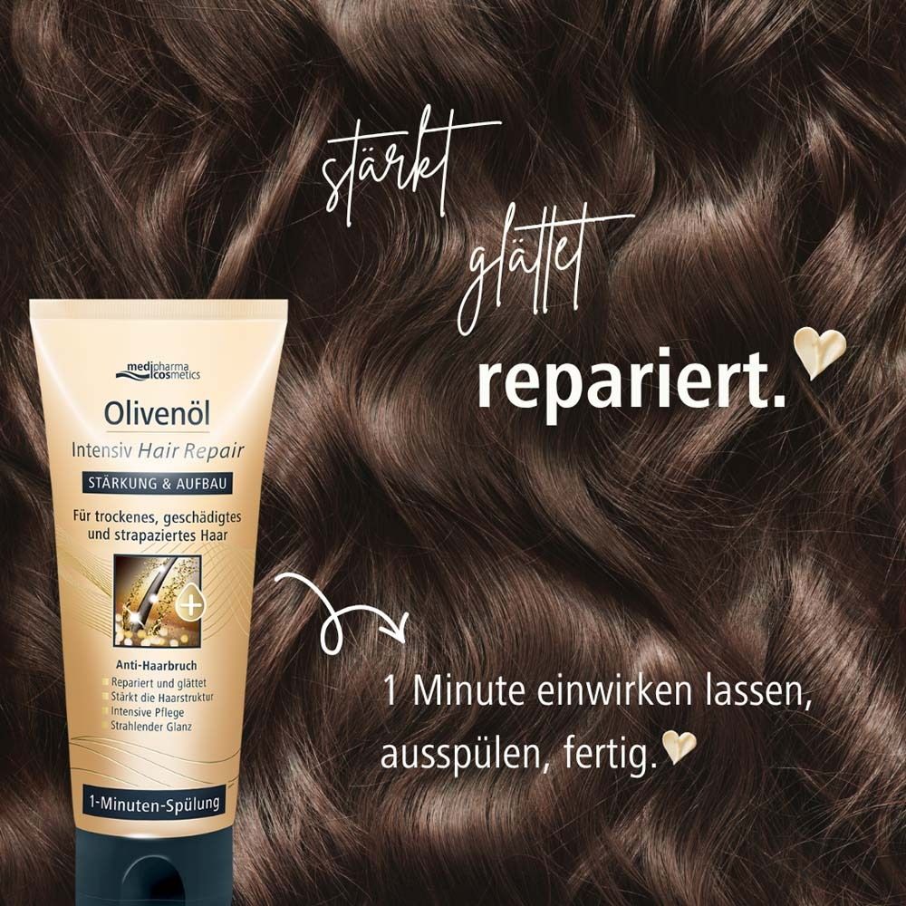 Tube Olivenöl Intensiv Hair Repair devant des cheveux bruns. Texte: Renforce, lisse, répare. Laisser agir 1 minute, rincer, terminé.