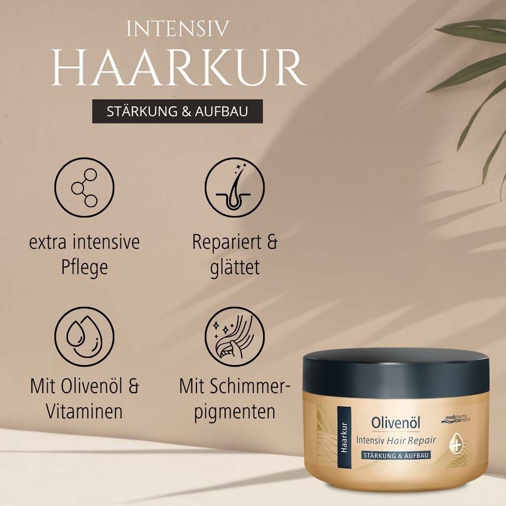 Pot de soin capillaire avec texte : Intensiv Haarkur, Stärkung & Aufbau. Icônes : soin extra intensif, répare & lisse, à l'huile d'olive & vitamines, avec pigments brillants.