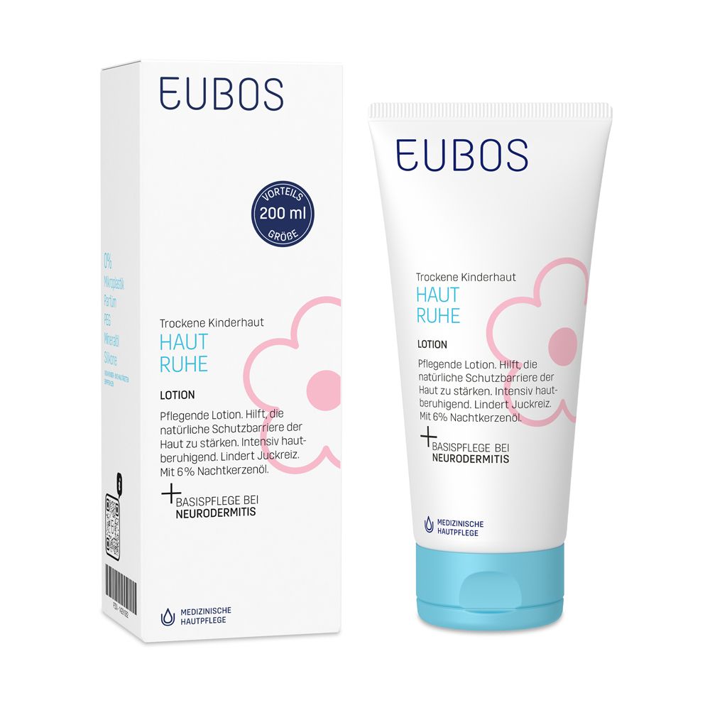 EUBOS® Kinder Haut Ruhe Lotion et emballage. Tube et carton blancs avec nom et logo du produit. Accents bleus et roses.
