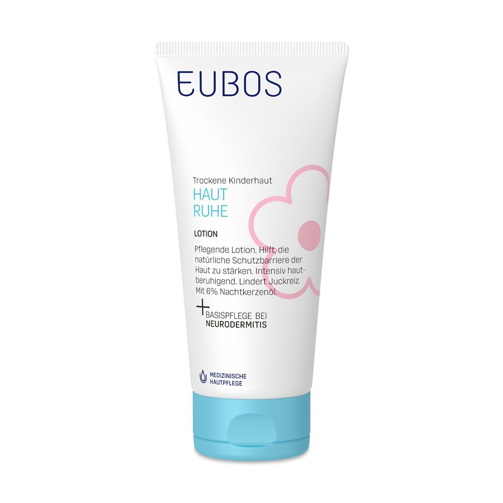 EUBOS® Kinder Haut Ruhe Lotion. Tube blanc avec bouchon bleu. Nom et logo du produit sur le devant.