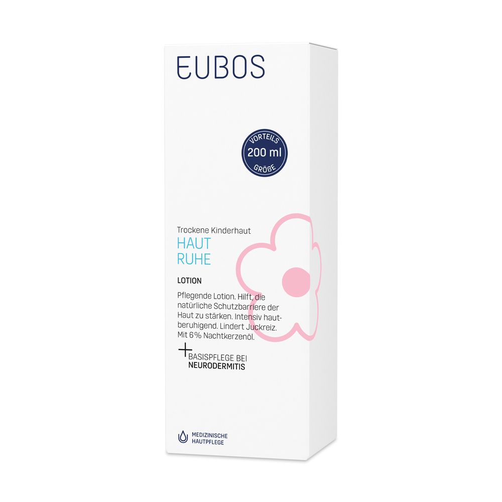 Emballage EUBOS® Kinder Haut Ruhe Lotion. Boîte blanche avec nom et logo du produit. Fleur rose.