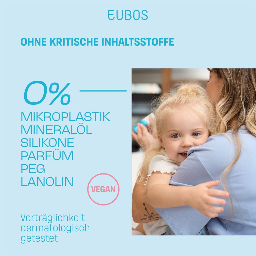 Hintergrund mit Text und Person. EUBOS-Logo. Text: Ohne kritische Inhaltsstoffe. Vegan. Dermatologisch getestet. Kind.