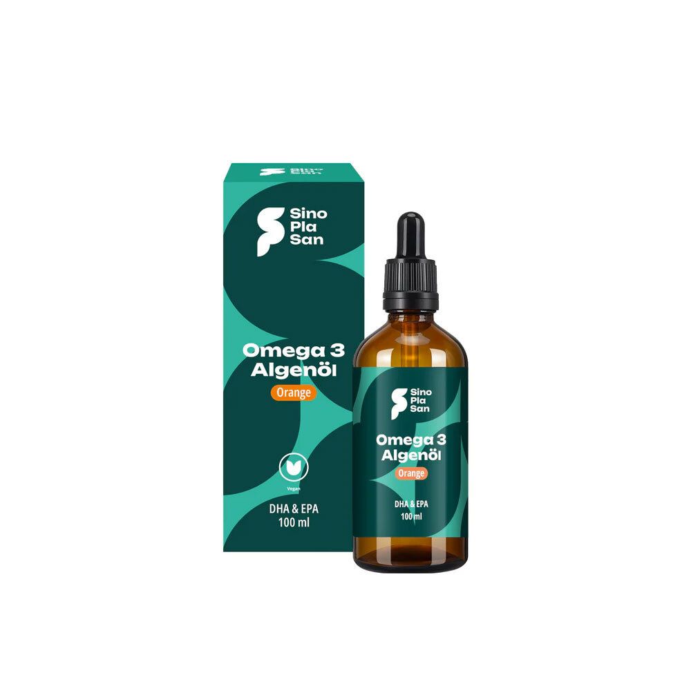 Flacon en verre brun avec compte-gouttes et emballage vert. Inscription : Omega 3 Algenöl Orange. DHA & EPA.