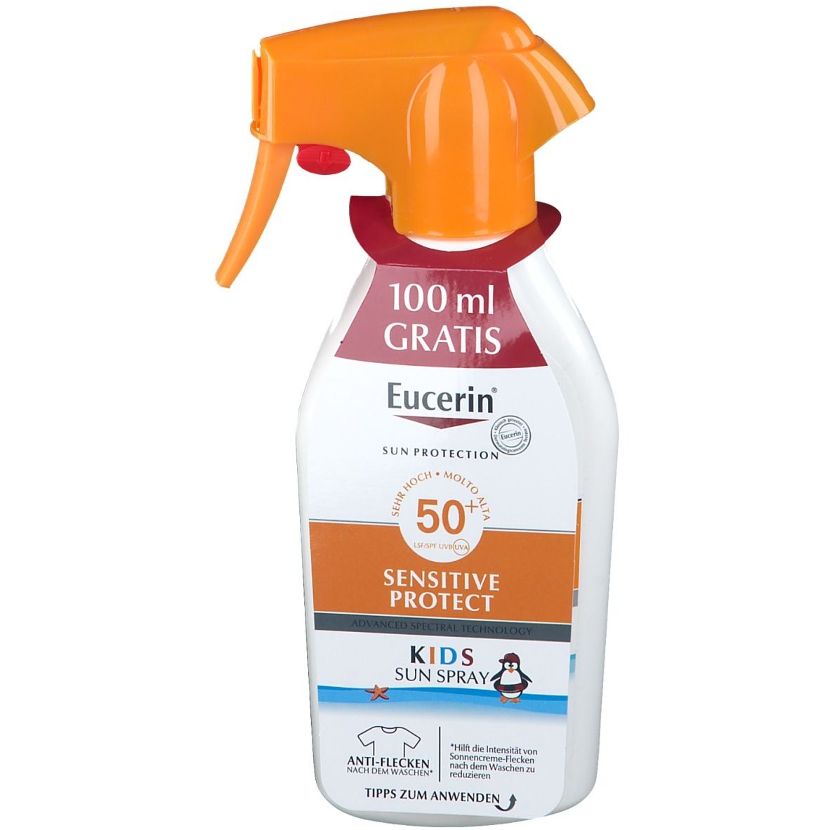 Spray solaire avec gâchette orange. Inscription: 100 ml GRATIS, Eucerin, LSF 50+, Sensitive Protect Kids Sun Spray.