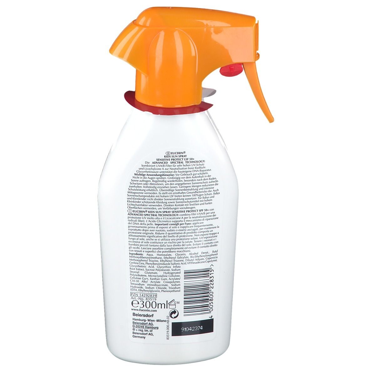Dos d'un flacon de spray solaire. Texte et code-barres. Inscription: Eucerin, 300ml.