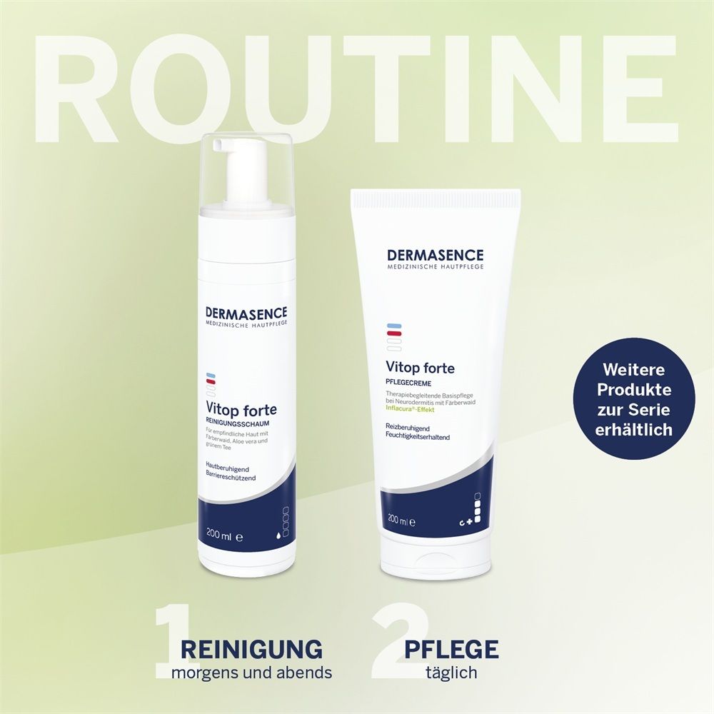 DERMASENCE Vitop forte Reinigungsschaum und Pflegecreme.