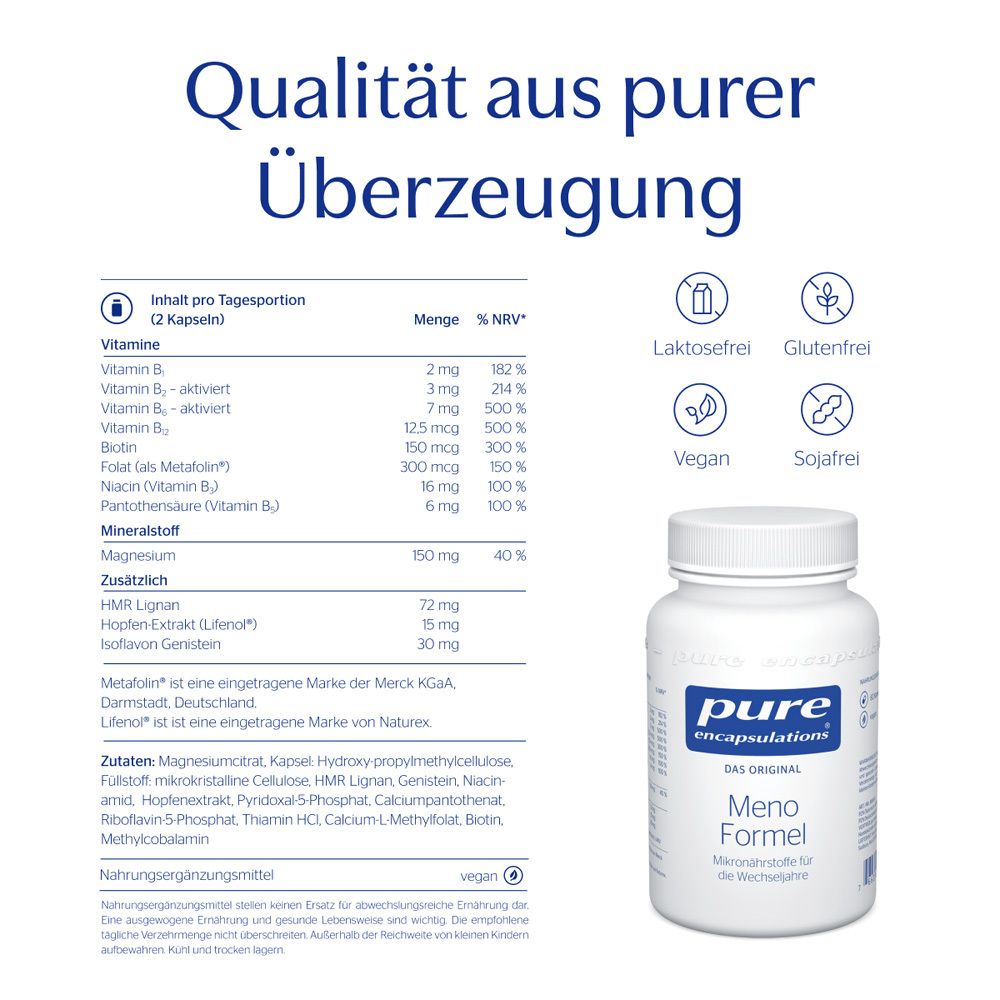 Flacon de gélules et informations sur le contenu. Texte : La qualité par conviction pure. Logos : végétalien, sans soja.