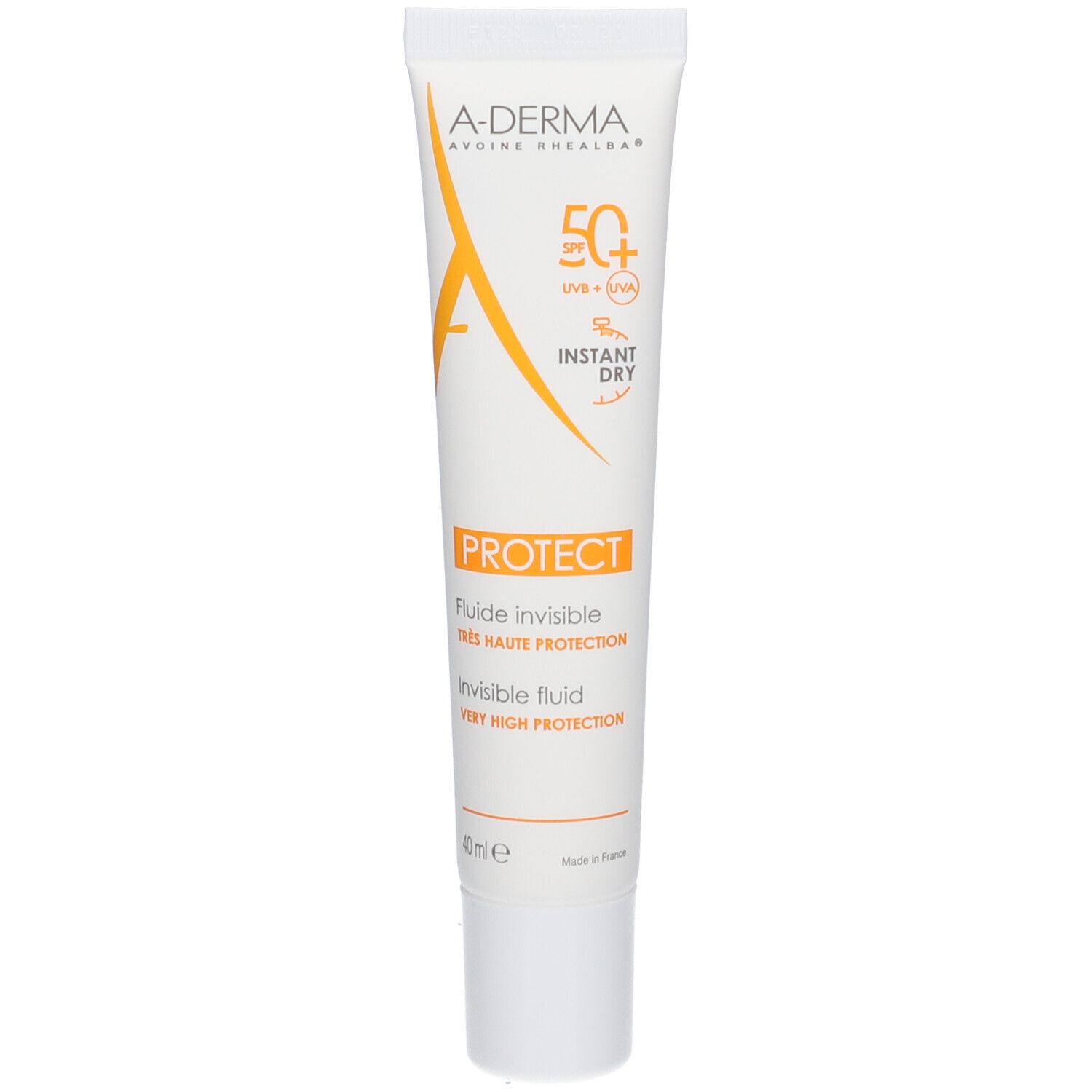 Tube A-Derma PROTECT Fluide Invisible SPF 50+ avec SPF 50+ et Instant Dry.