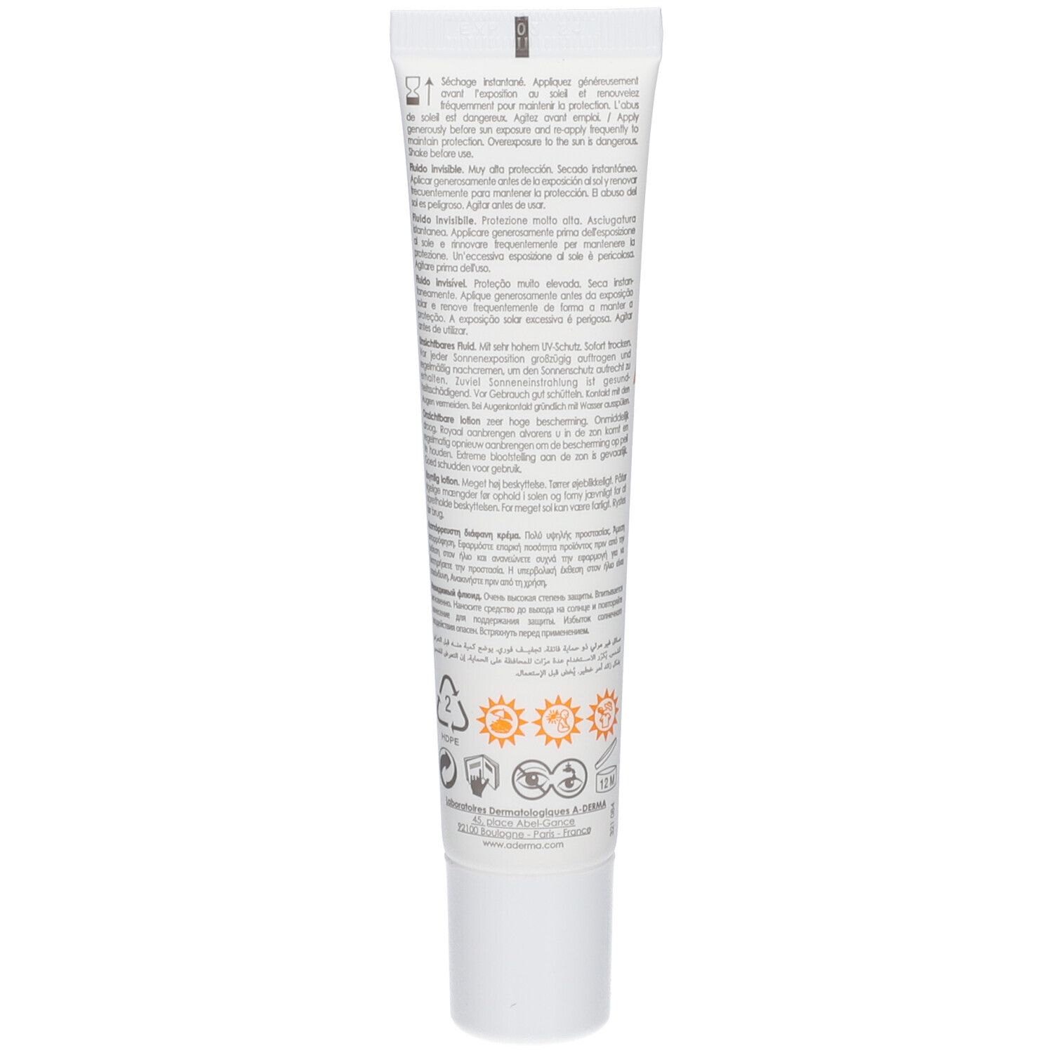 Arrière du tube A-Derma PROTECT Fluide Invisible SPF 50+ avec instructions et symboles.